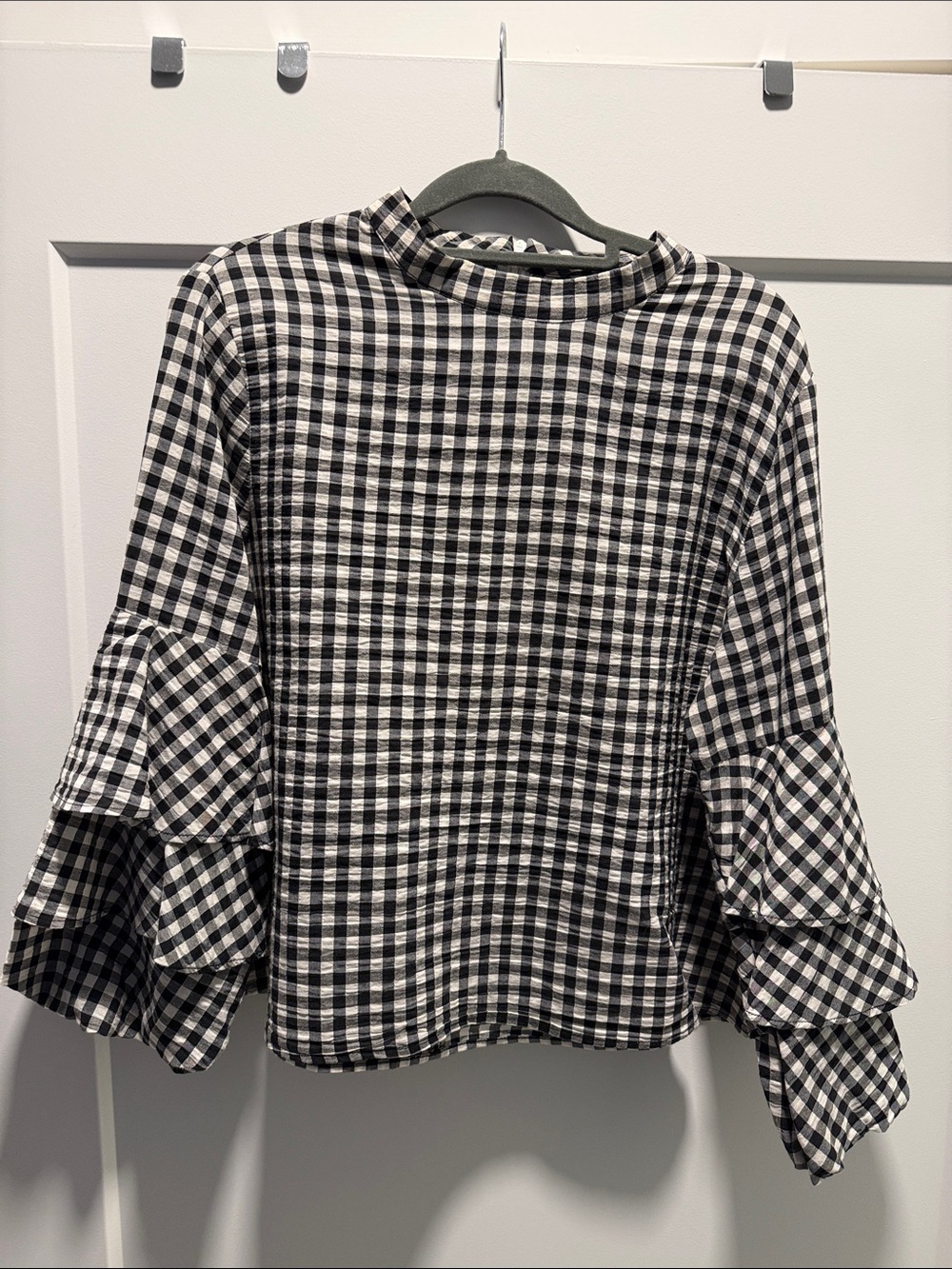 Zara Black & White Gingham Ruffle Sleeve Blouse
